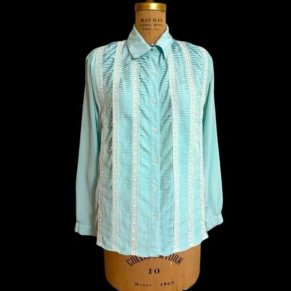 Vintage Susan Hutton Mint Green Pleat and lace detail long sleeve blouse size 14 - Picture 4 of 11